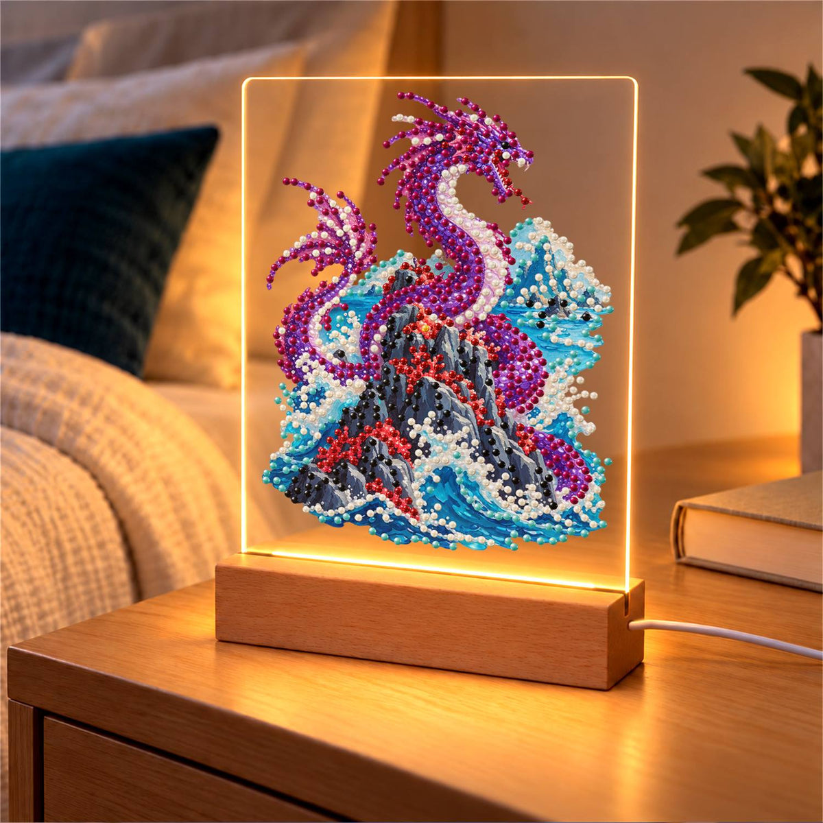 Violet Dragon Over Crashing Waves (Light-Up Pearl Painting)