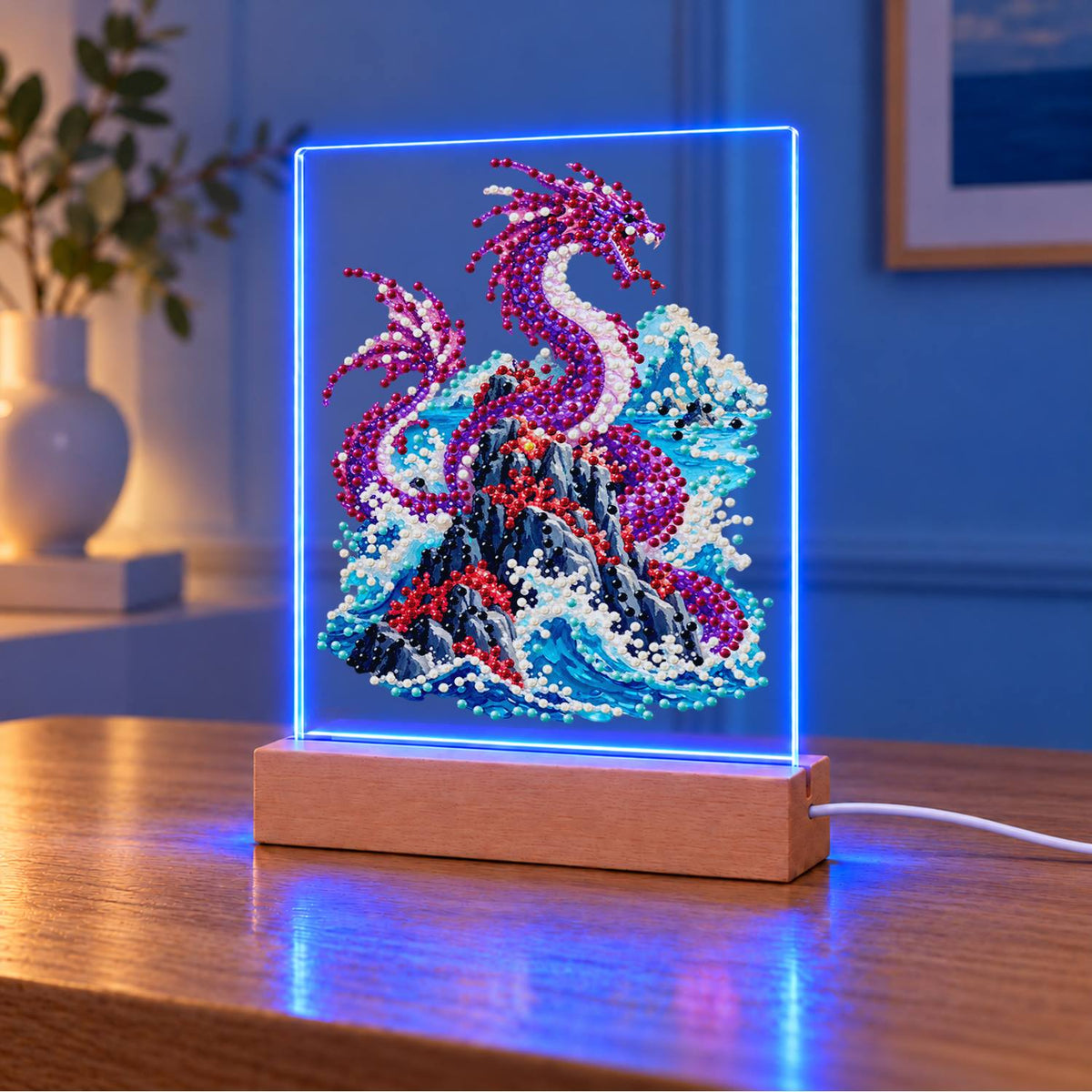 Violet Dragon Over Crashing Waves (Light-Up Pearl Painting)