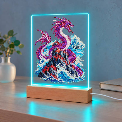 Violet Dragon Over Crashing Waves (Light-Up Pearl Painting)