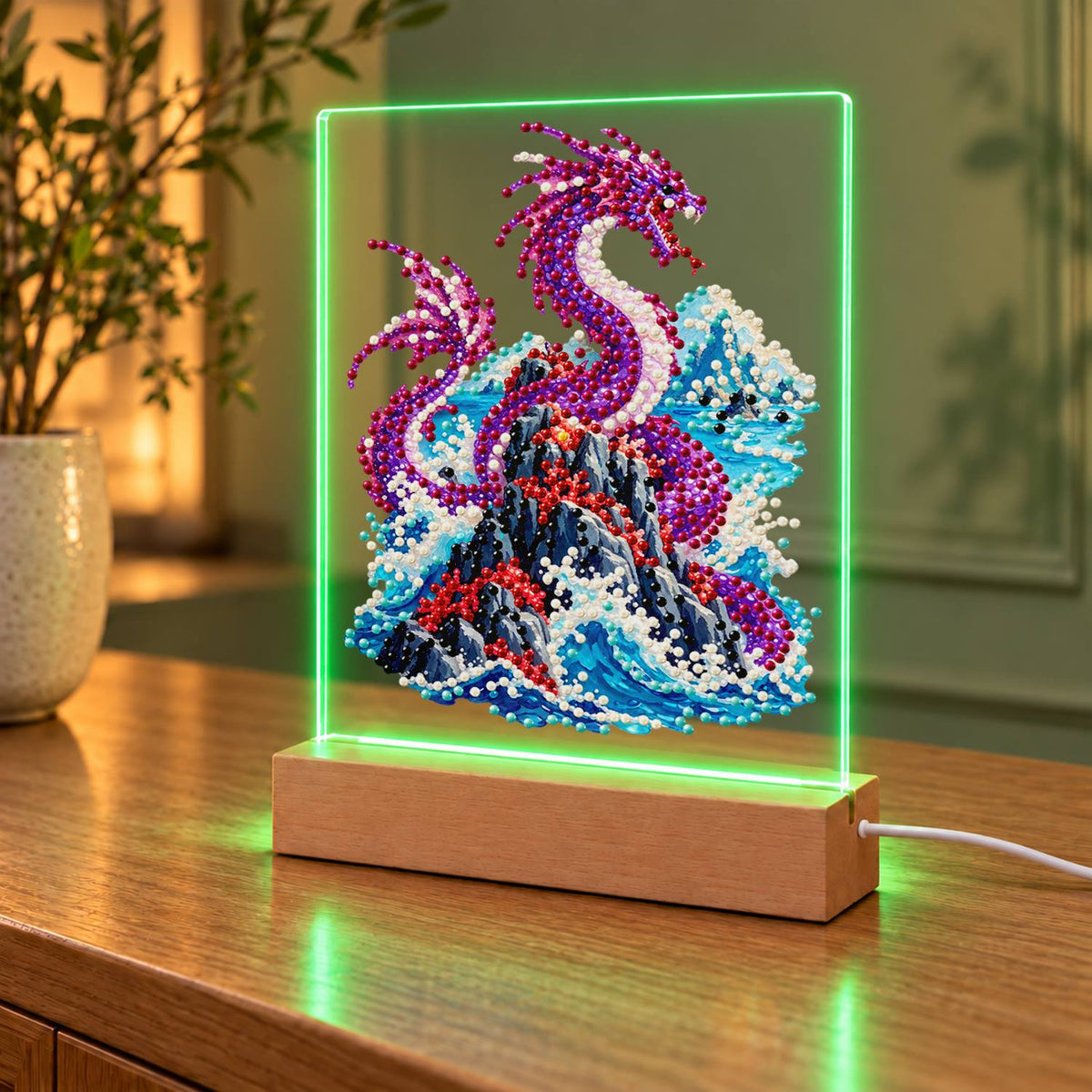 Violet Dragon Over Crashing Waves (Light-Up Pearl Painting)