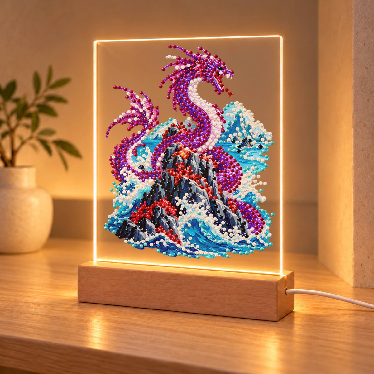 Violet Dragon Over Crashing Waves (Light-Up Pearl Painting)
