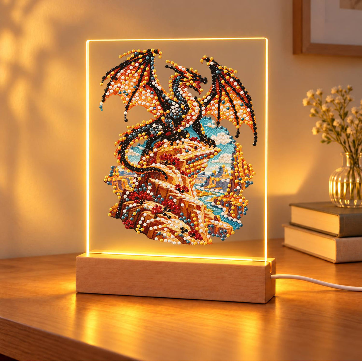 Bronze Dragon on a Cliff Top (Light-Up Pearl Painting)