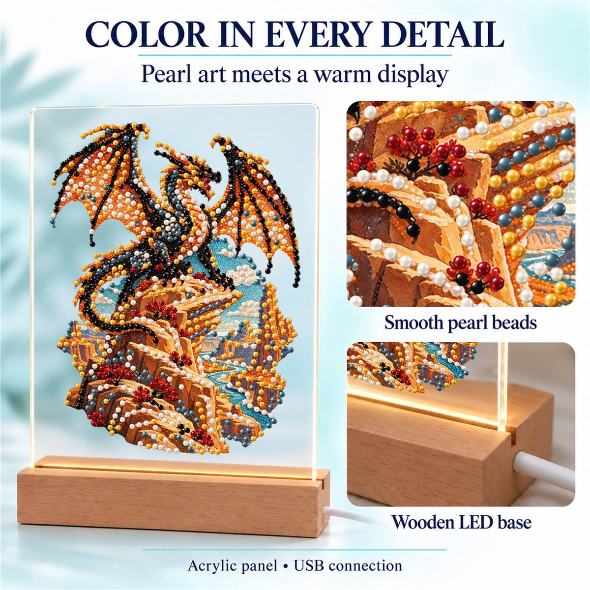 Bronze Dragon on a Cliff Top (Light-Up Pearl Painting)
