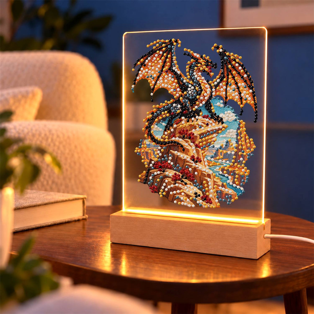 Bronze Dragon on a Cliff Top (Light-Up Pearl Painting)