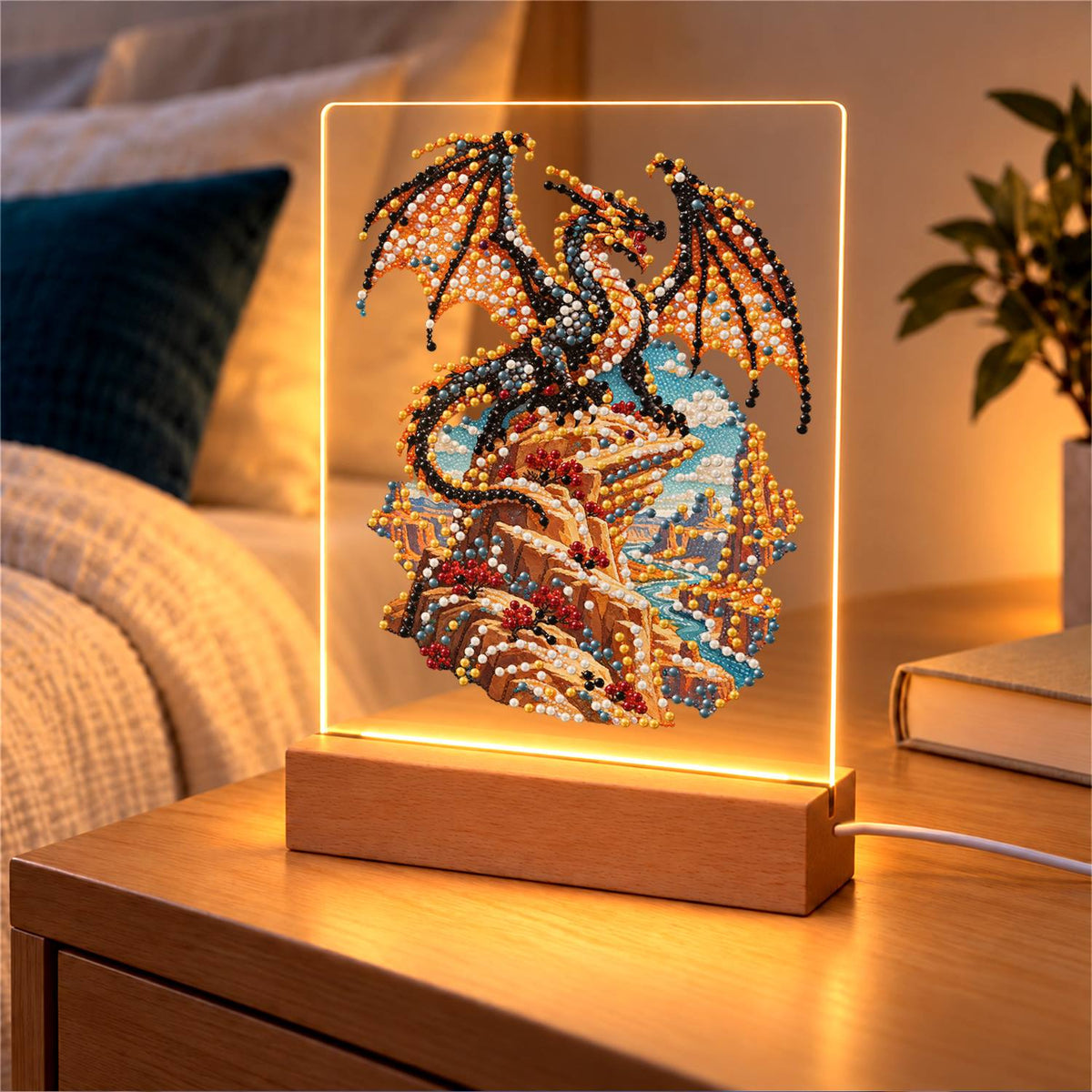 Bronze Dragon on a Cliff Top (Light-Up Pearl Painting)