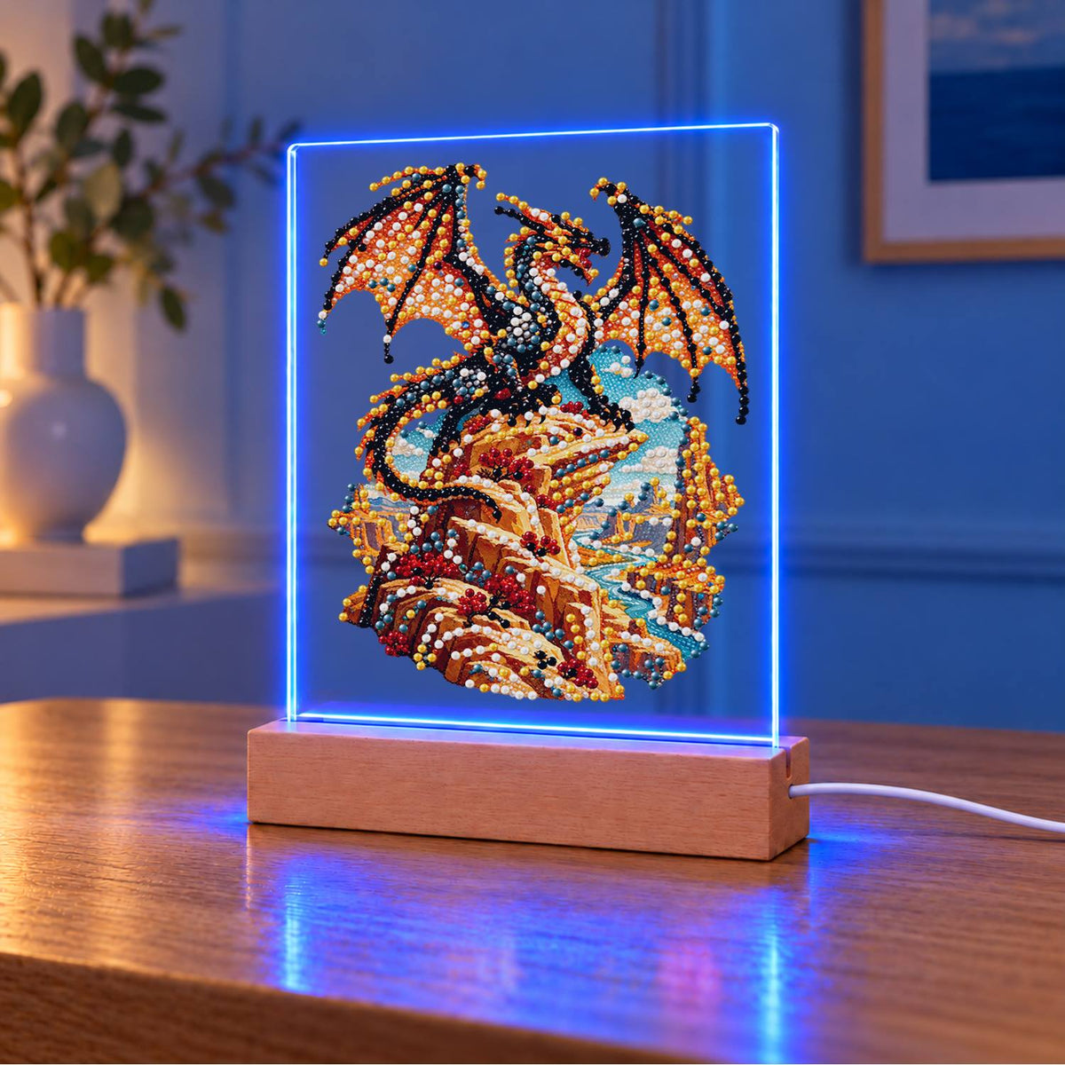 Bronze Dragon on a Cliff Top (Light-Up Pearl Painting)