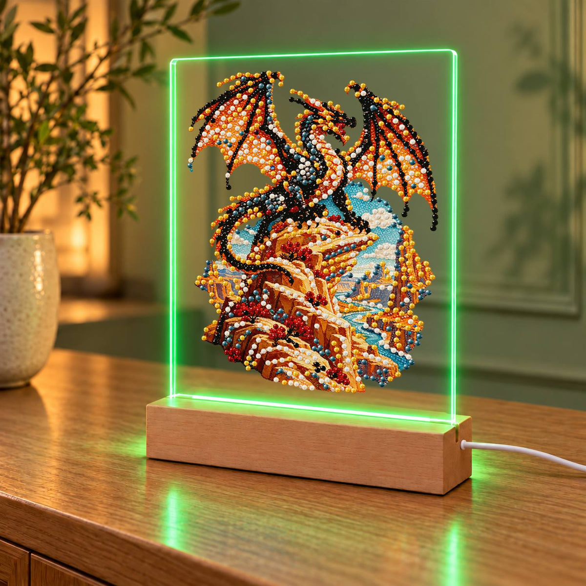 Bronze Dragon on a Cliff Top (Light-Up Pearl Painting)