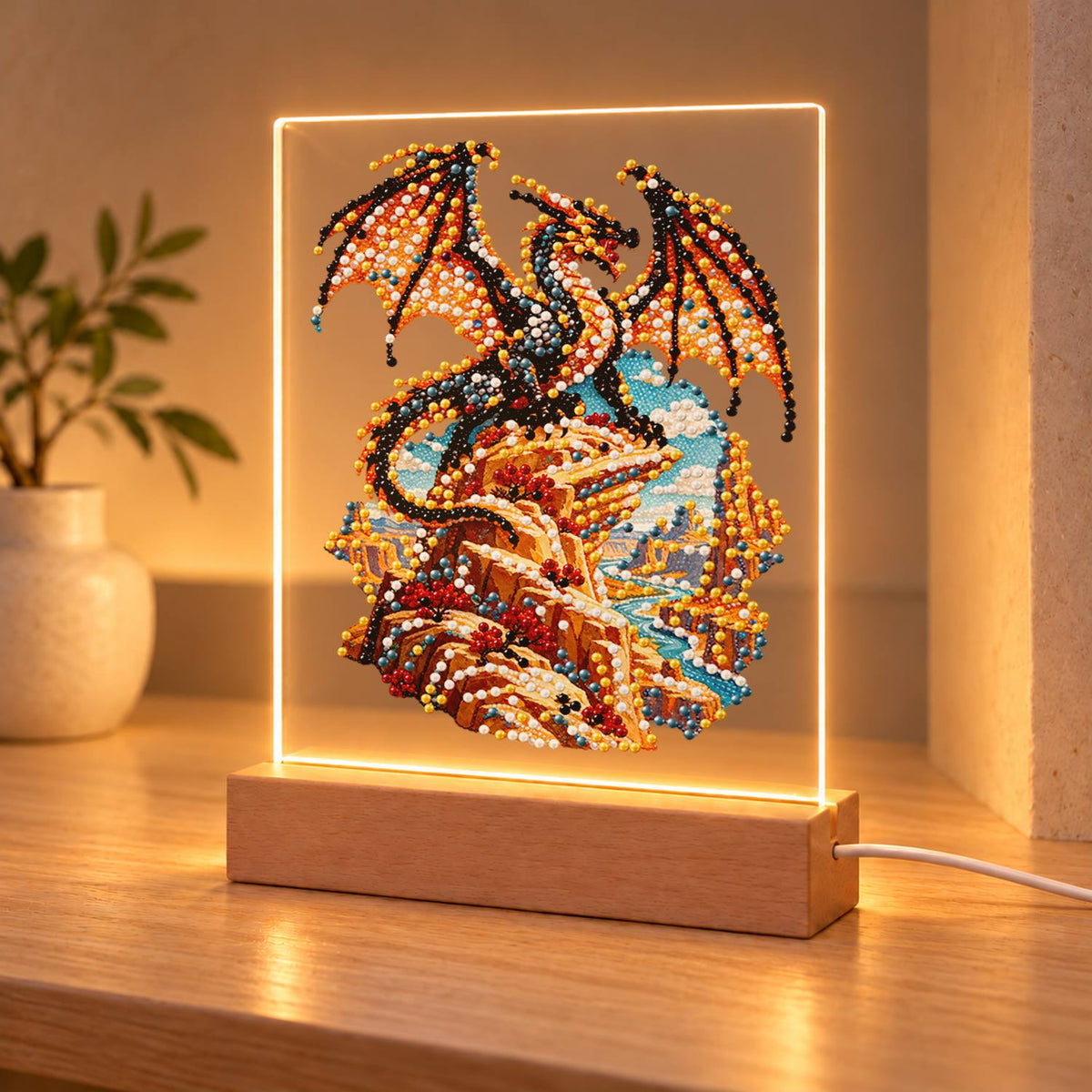 Bronze Dragon on a Cliff Top (Light-Up Pearl Painting)