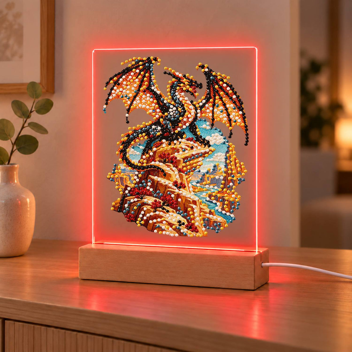 Bronze Dragon on a Cliff Top (Light-Up Pearl Painting)