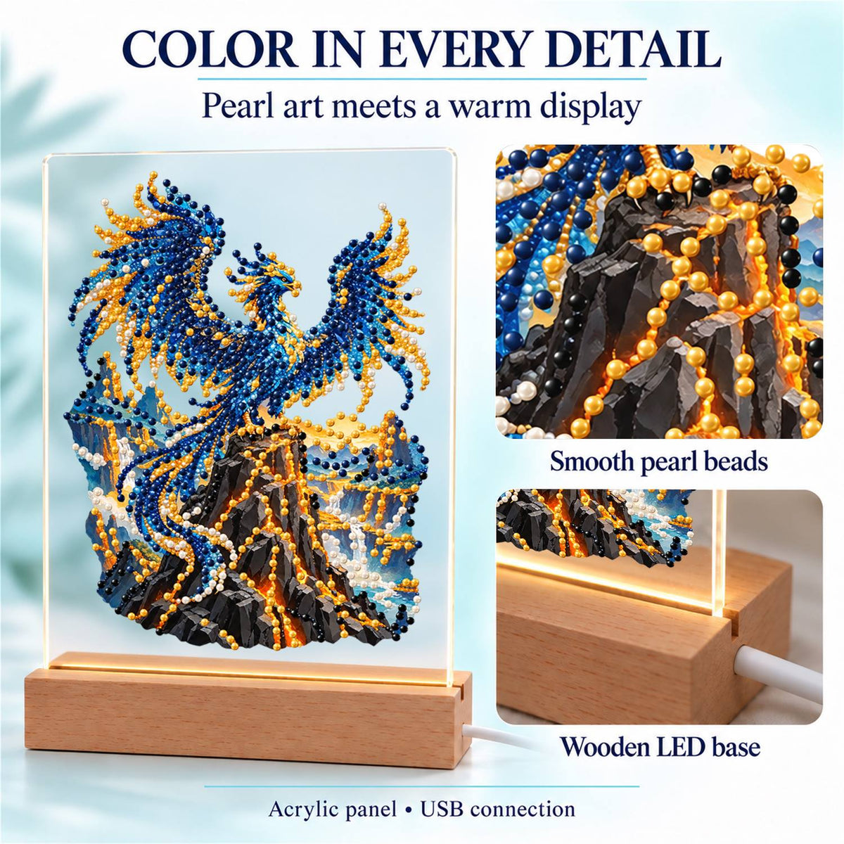Sapphire Phoenix on a Lava Peak (Light-Up Pearl Painting)