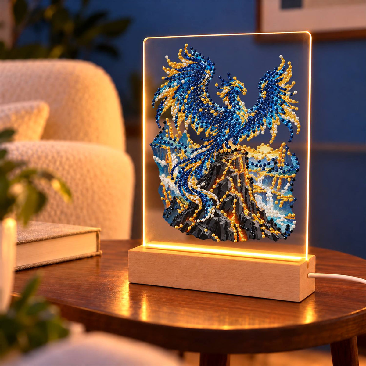 Sapphire Phoenix on a Lava Peak (Light-Up Pearl Painting)