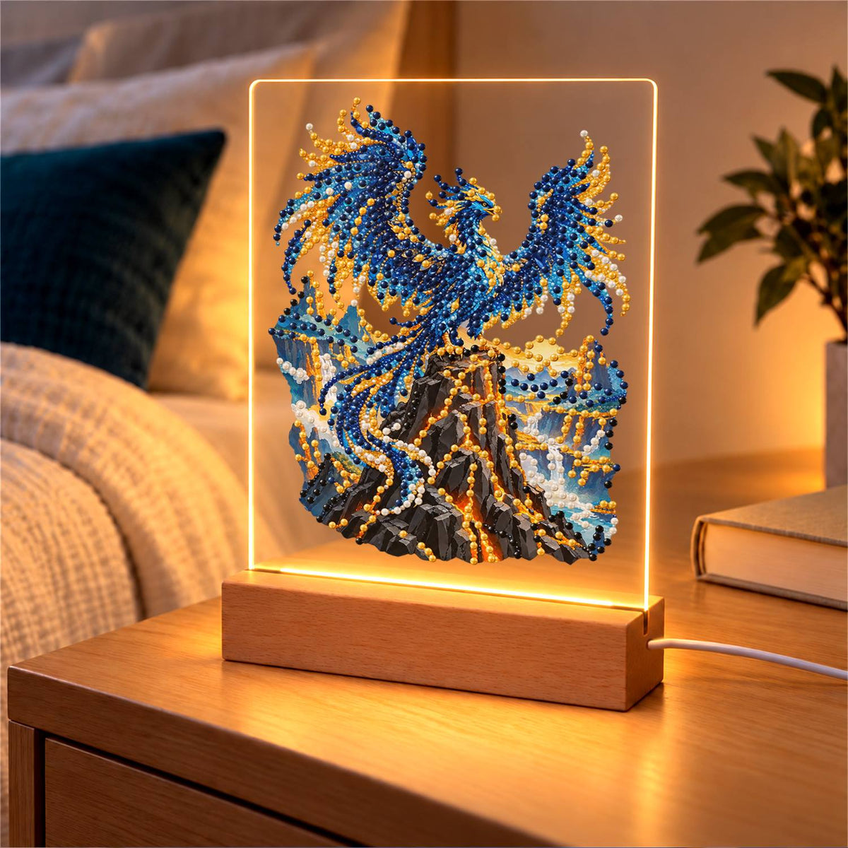 Sapphire Phoenix on a Lava Peak (Light-Up Pearl Painting)