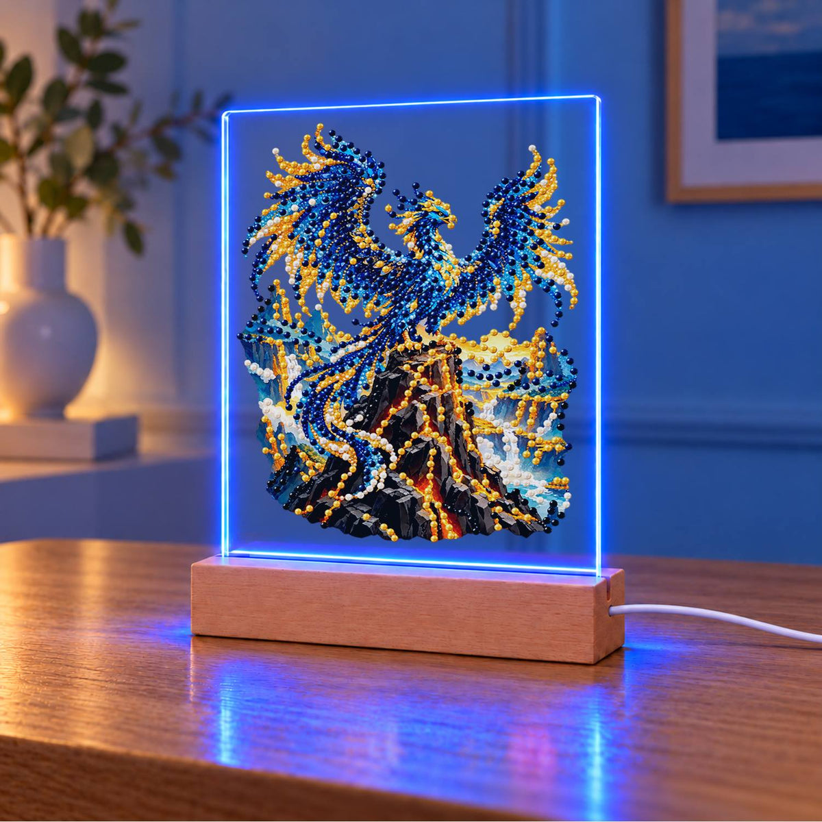 Sapphire Phoenix on a Lava Peak (Light-Up Pearl Painting)