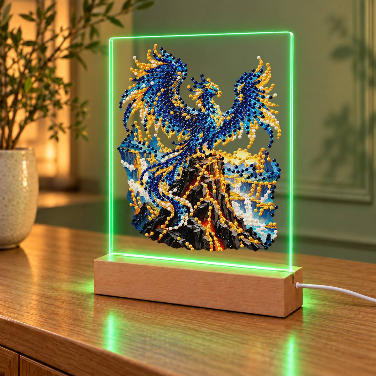 Sapphire Phoenix on a Lava Peak (Light-Up Pearl Painting)