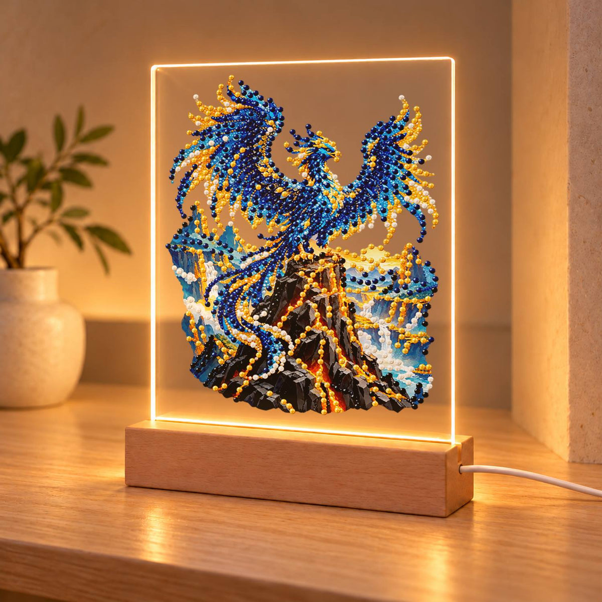 Sapphire Phoenix on a Lava Peak (Light-Up Pearl Painting)