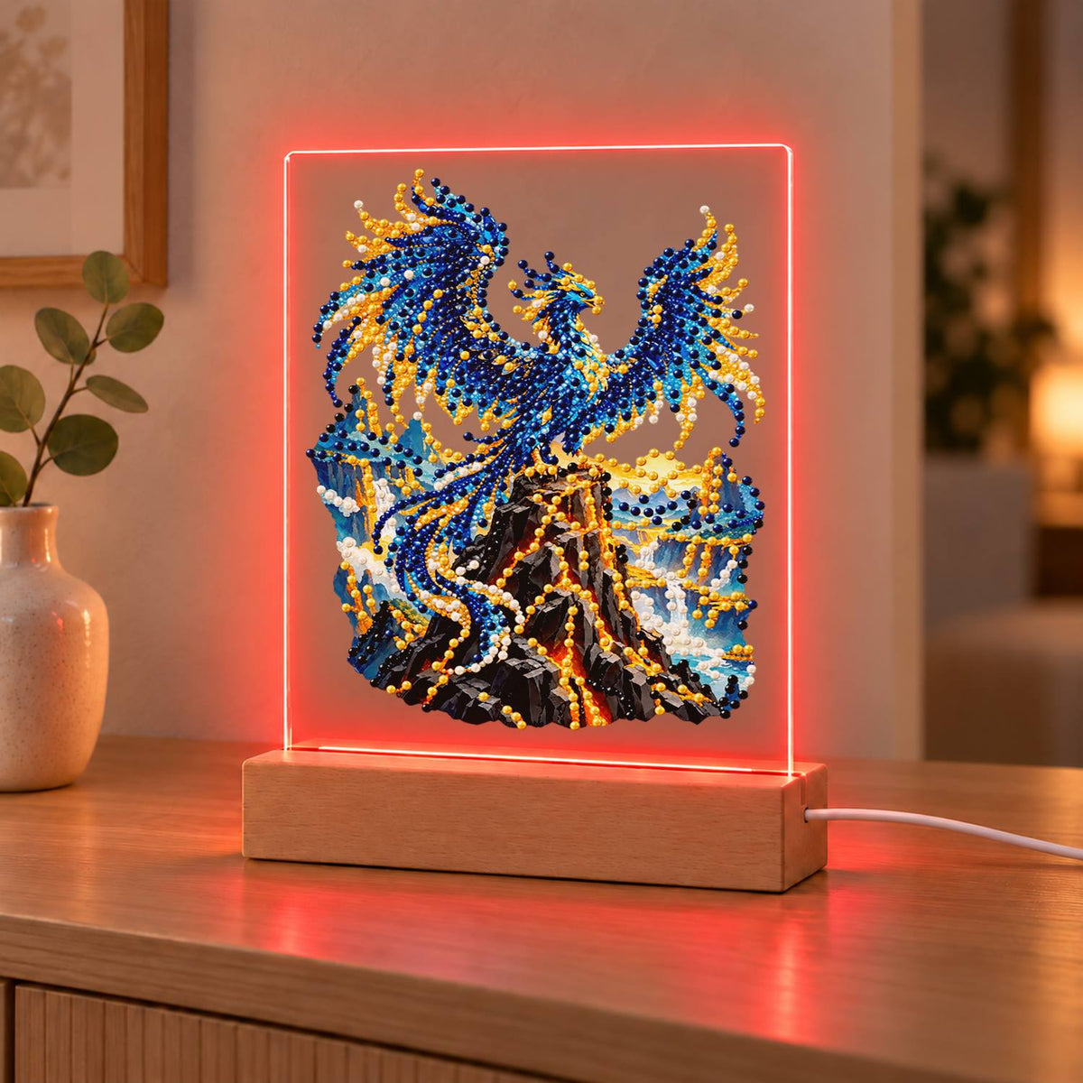 Sapphire Phoenix on a Lava Peak (Light-Up Pearl Painting)