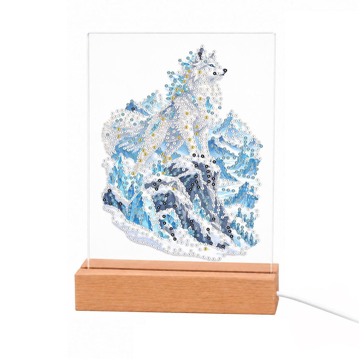 Snow Wolf on Icy Blue Peaks light-up pearl painting – White wolf peering over icy blue snow-covered mountain peaks