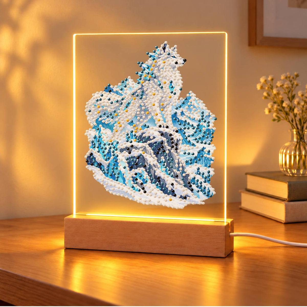 Snow Wolf on Icy Blue Peaks (Light-Up Pearl Painting)