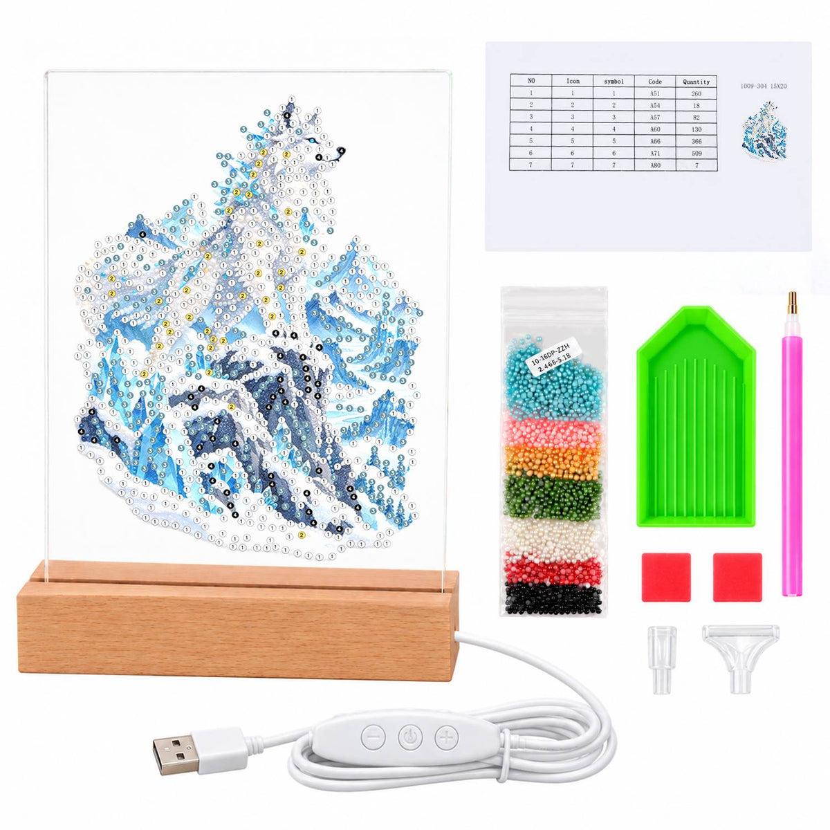 Snow Wolf on Icy Blue Peaks (Light-Up Pearl Painting)