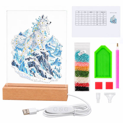 Snow Wolf on Icy Blue Peaks (Light-Up Pearl Painting)