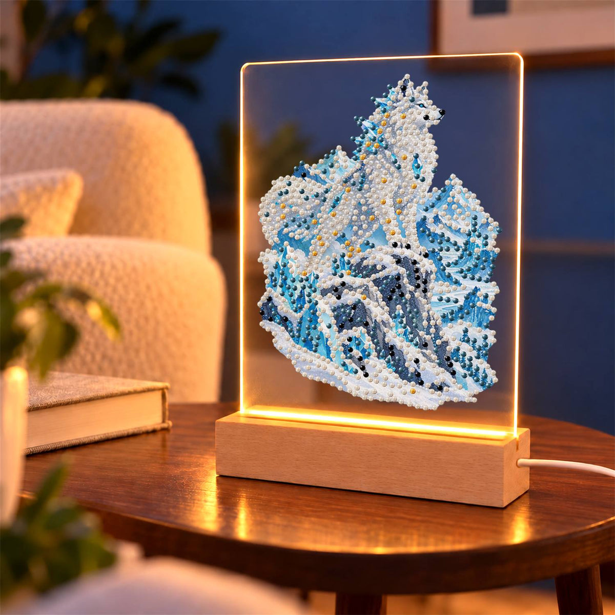 Snow Wolf on Icy Blue Peaks (Light-Up Pearl Painting)