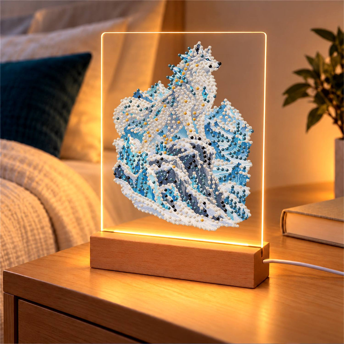 Snow Wolf on Icy Blue Peaks (Light-Up Pearl Painting)