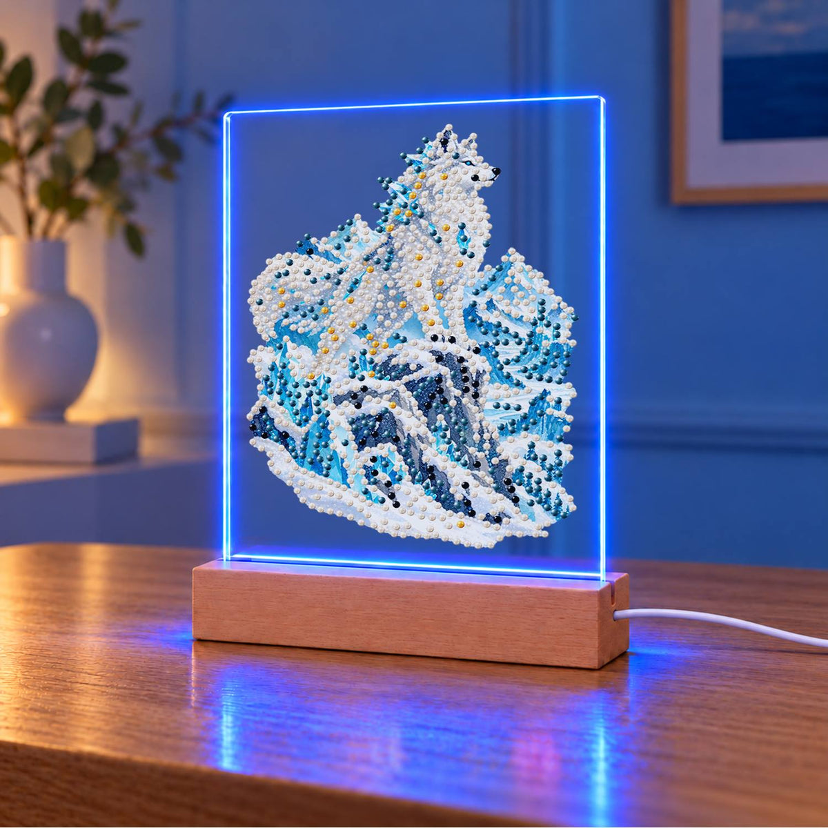 Snow Wolf on Icy Blue Peaks (Light-Up Pearl Painting)