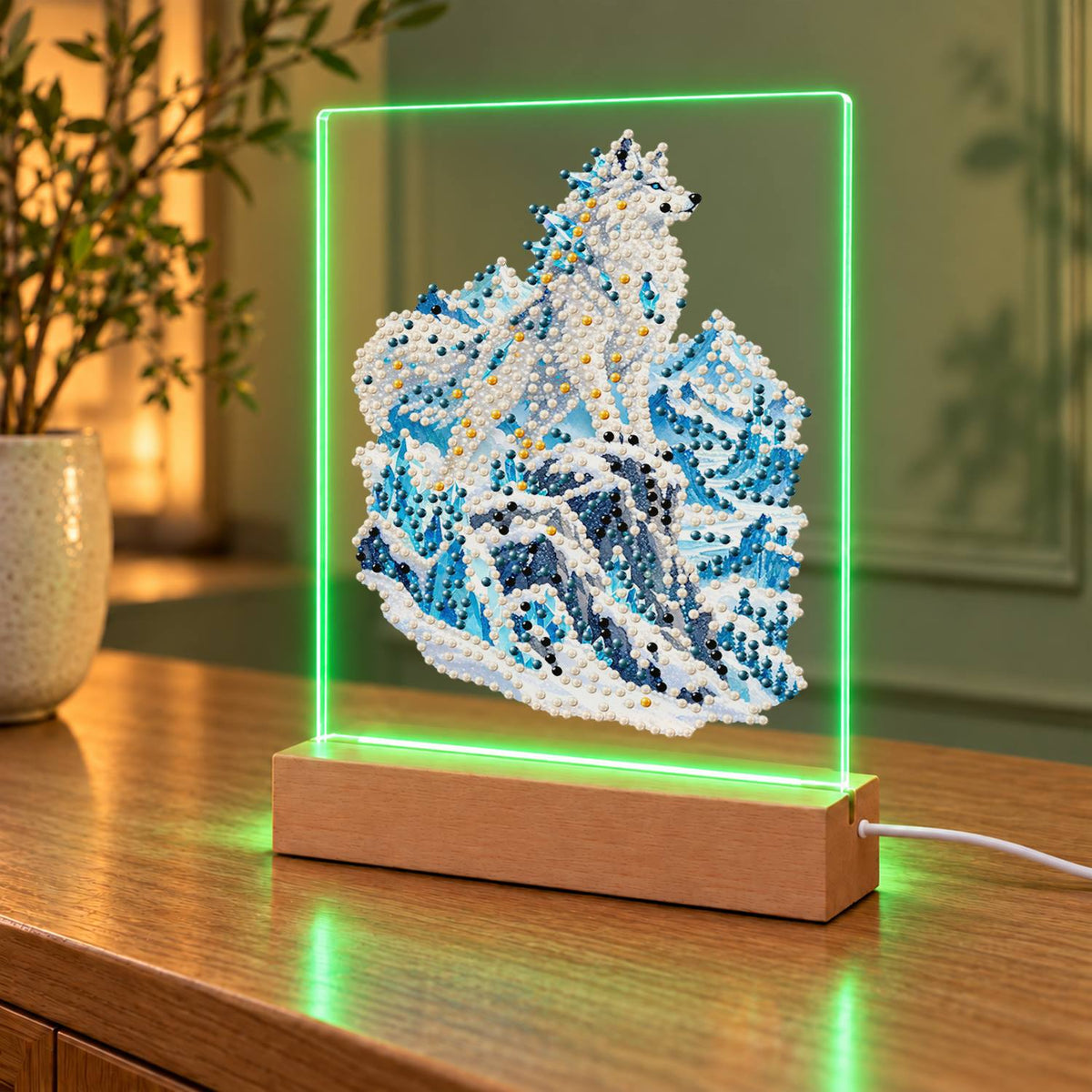 Snow Wolf on Icy Blue Peaks (Light-Up Pearl Painting)