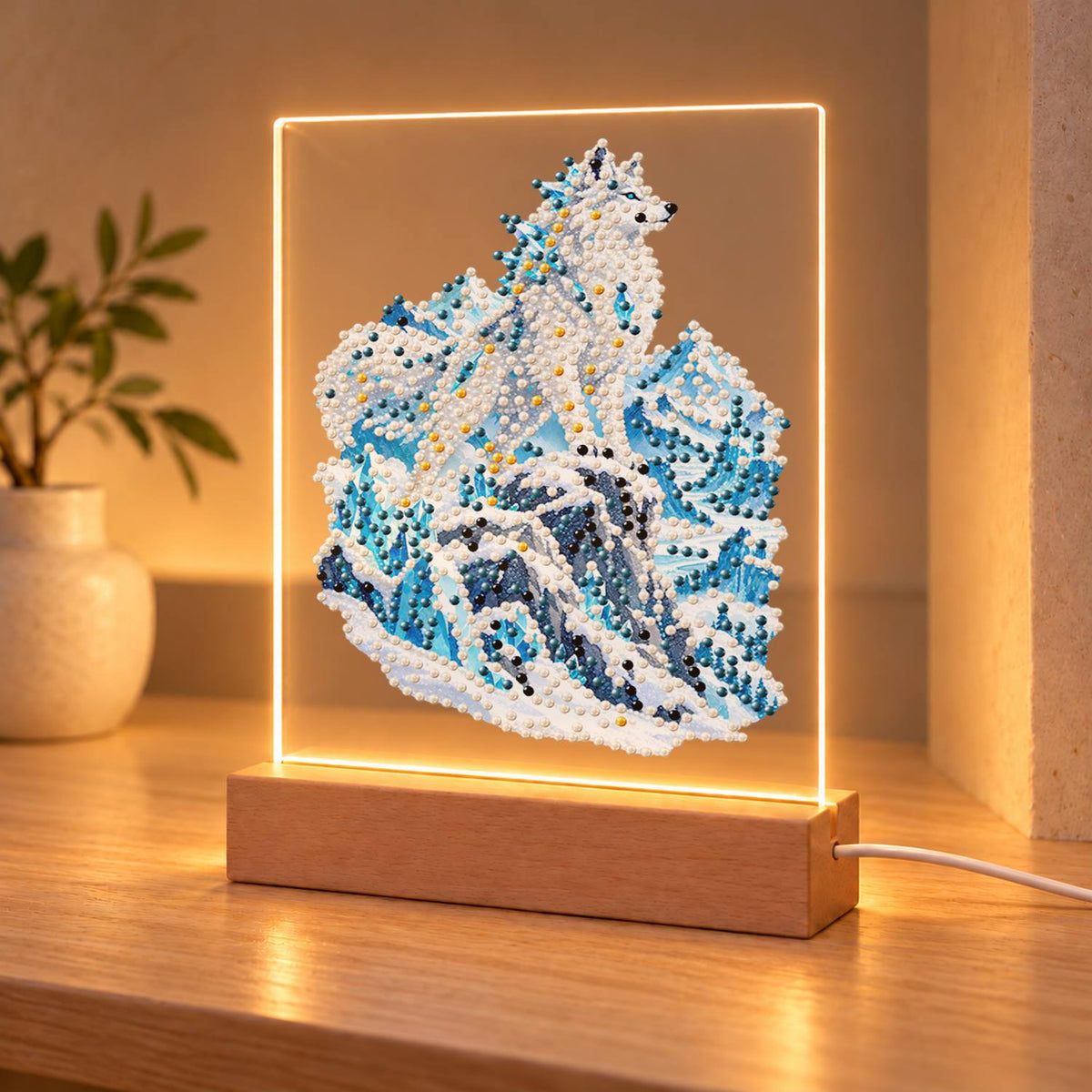Snow Wolf on Icy Blue Peaks (Light-Up Pearl Painting)