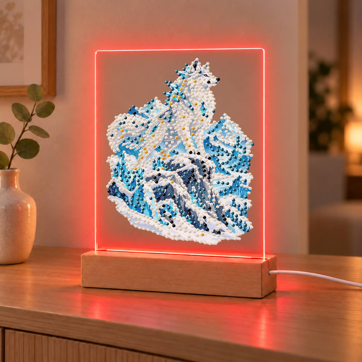 Snow Wolf on Icy Blue Peaks (Light-Up Pearl Painting)