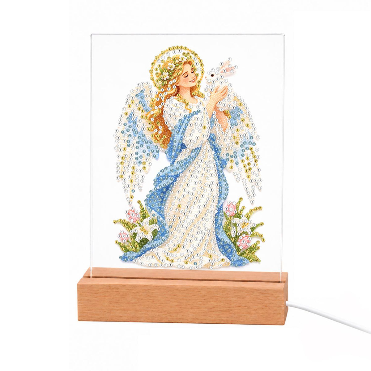 Haloed Angel with a White Dove light-up pearl painting – Angel with a golden halo, white wings and a blue and white gown holding a white dove among flowers