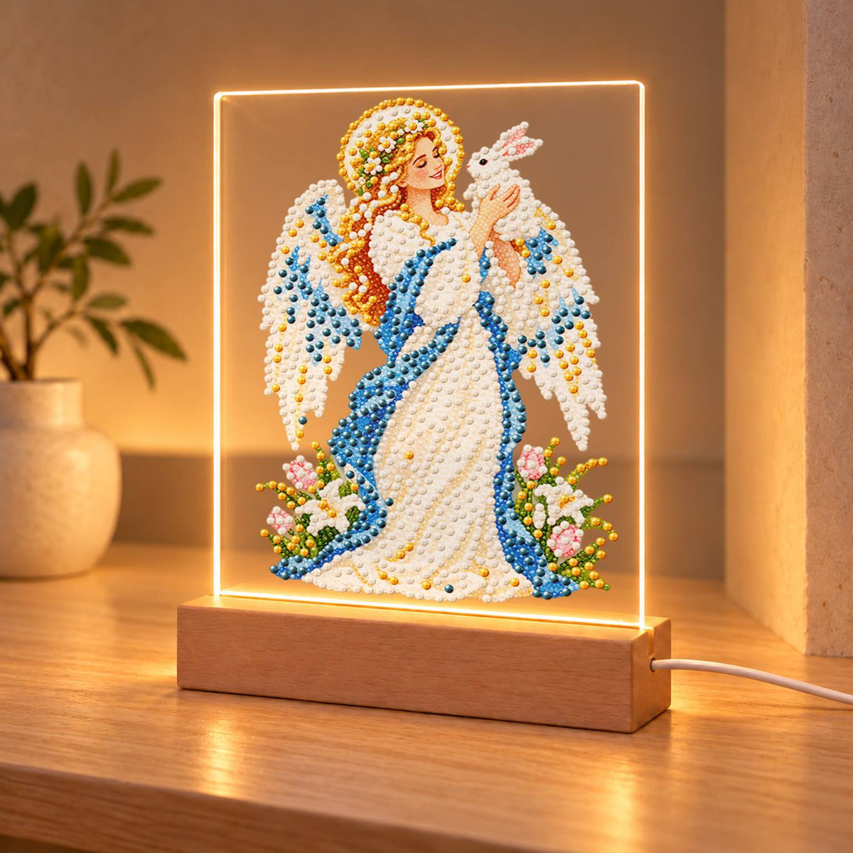 Haloed Angel with a White Dove (Light-Up Pearl Painting)