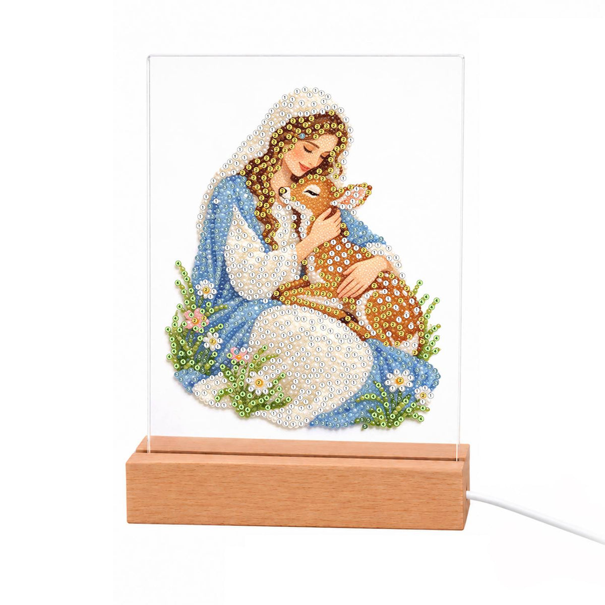 Veiled Maiden Hugging a Fawn light-up pearl painting – Woman in a blue hooded veil and white robe tenderly hugging a spotted fawn among flowers