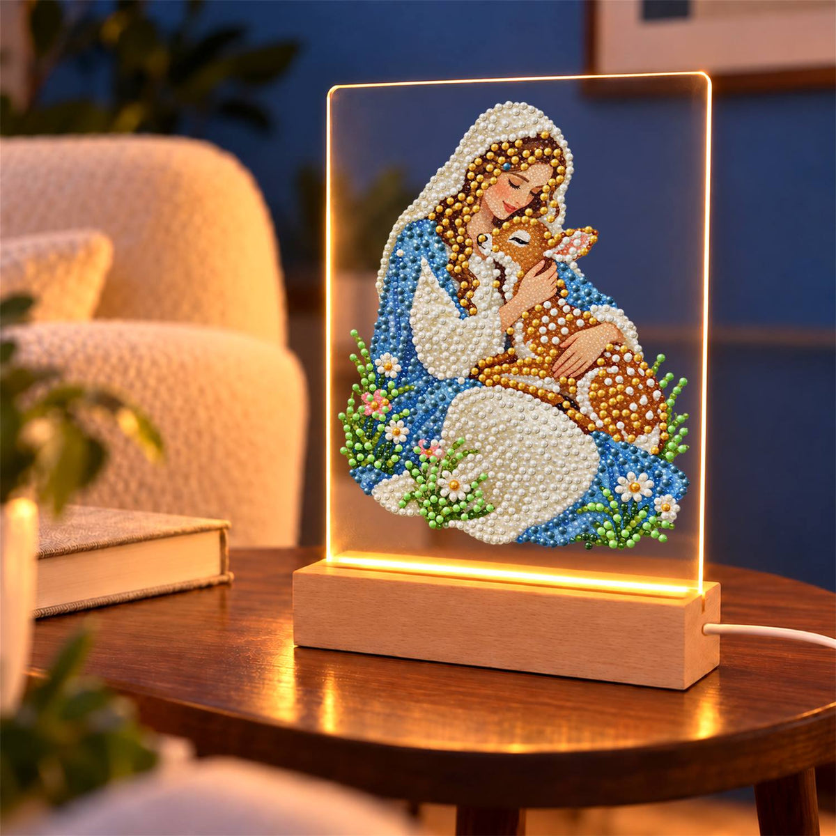 Veiled Maiden Hugging a Fawn (Light-Up Pearl Painting)