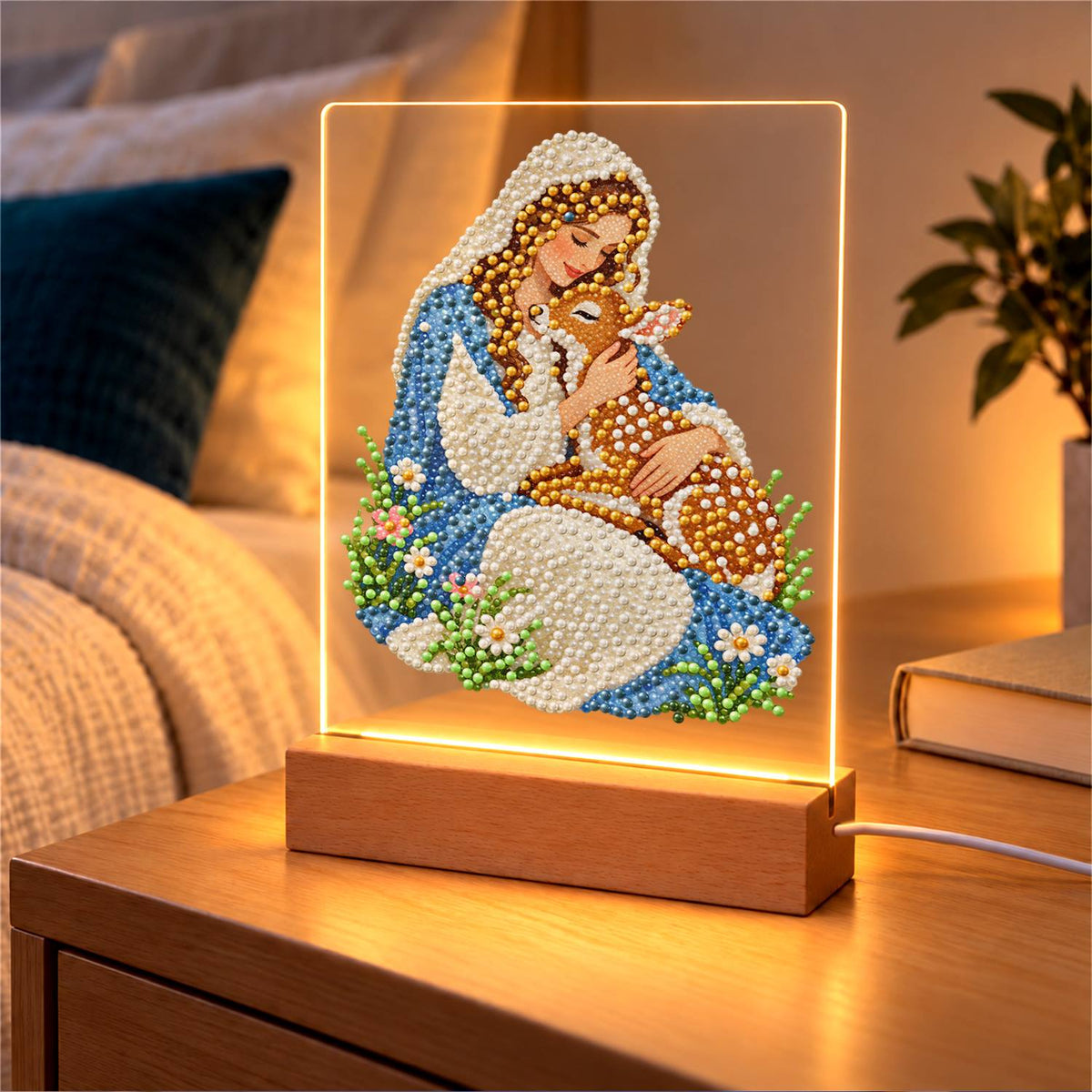 Veiled Maiden Hugging a Fawn (Light-Up Pearl Painting)