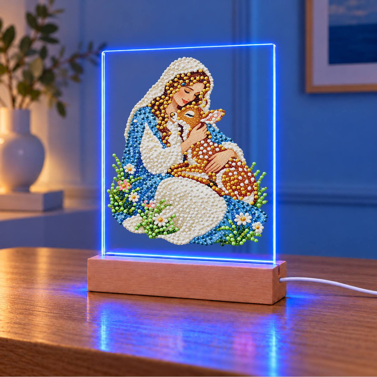 Veiled Maiden Hugging a Fawn (Light-Up Pearl Painting)