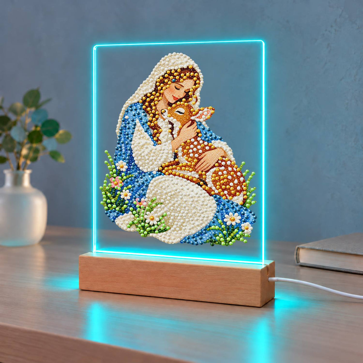 Veiled Maiden Hugging a Fawn (Light-Up Pearl Painting)