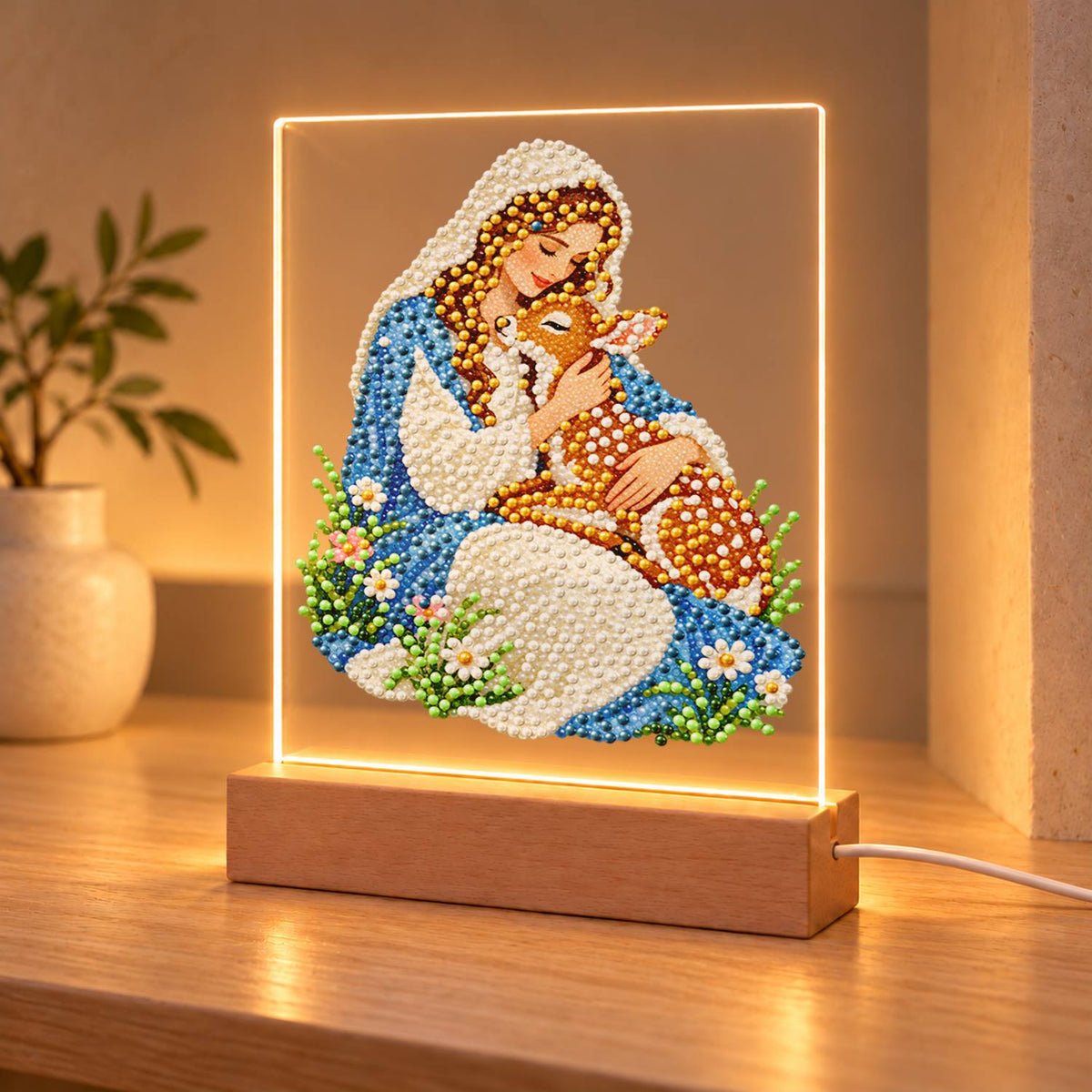 Veiled Maiden Hugging a Fawn (Light-Up Pearl Painting)