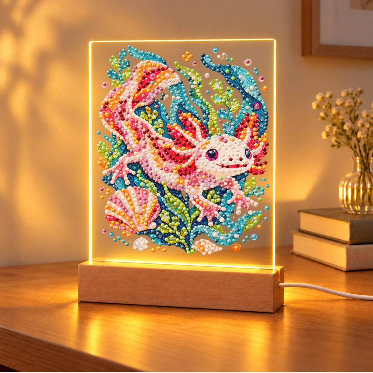 Pink Axolotl in Teal Seaweed (Light-Up Pearl Painting)