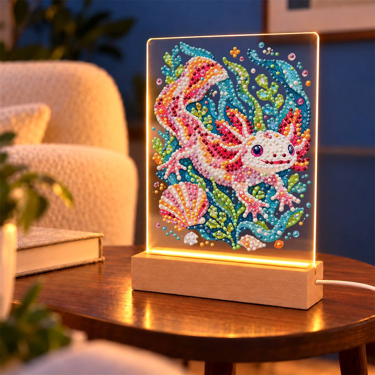 Pink Axolotl in Teal Seaweed (Light-Up Pearl Painting)