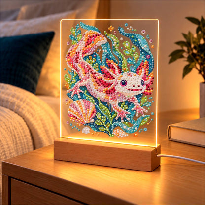 Pink Axolotl in Teal Seaweed (Light-Up Pearl Painting)