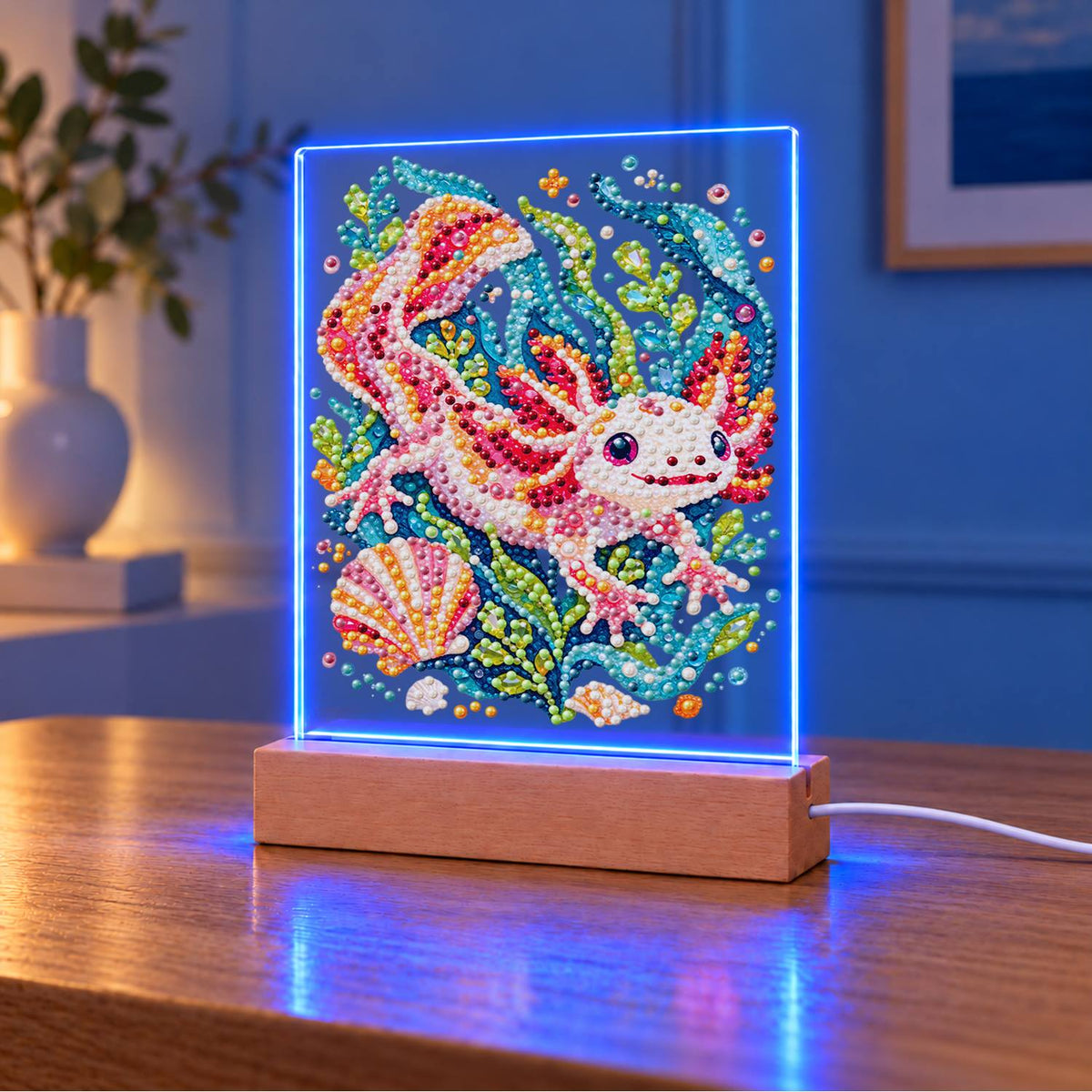 Pink Axolotl in Teal Seaweed (Light-Up Pearl Painting)