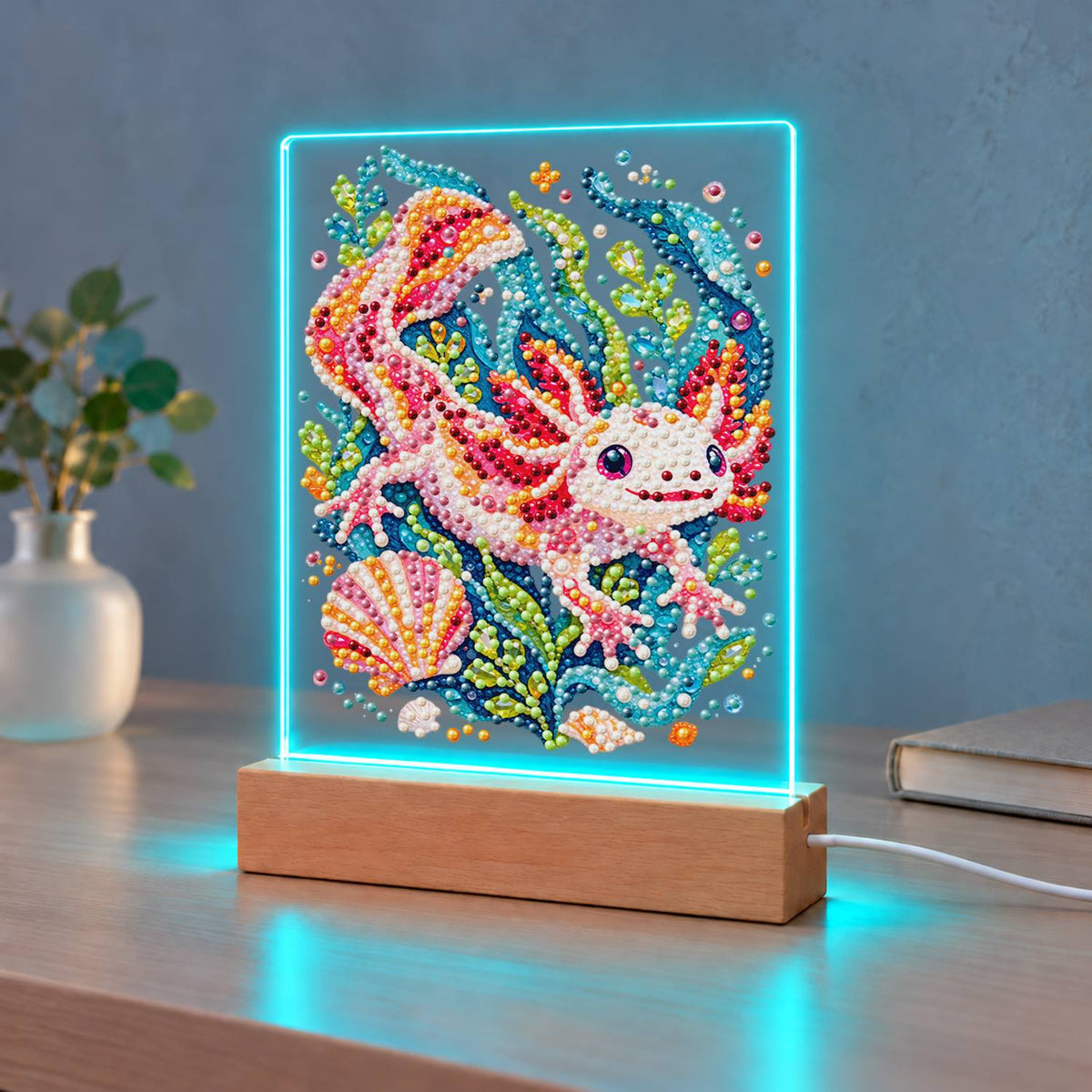 Pink Axolotl in Teal Seaweed (Light-Up Pearl Painting)