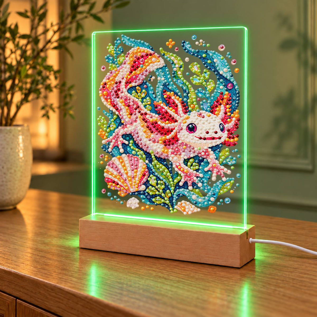 Pink Axolotl in Teal Seaweed (Light-Up Pearl Painting)