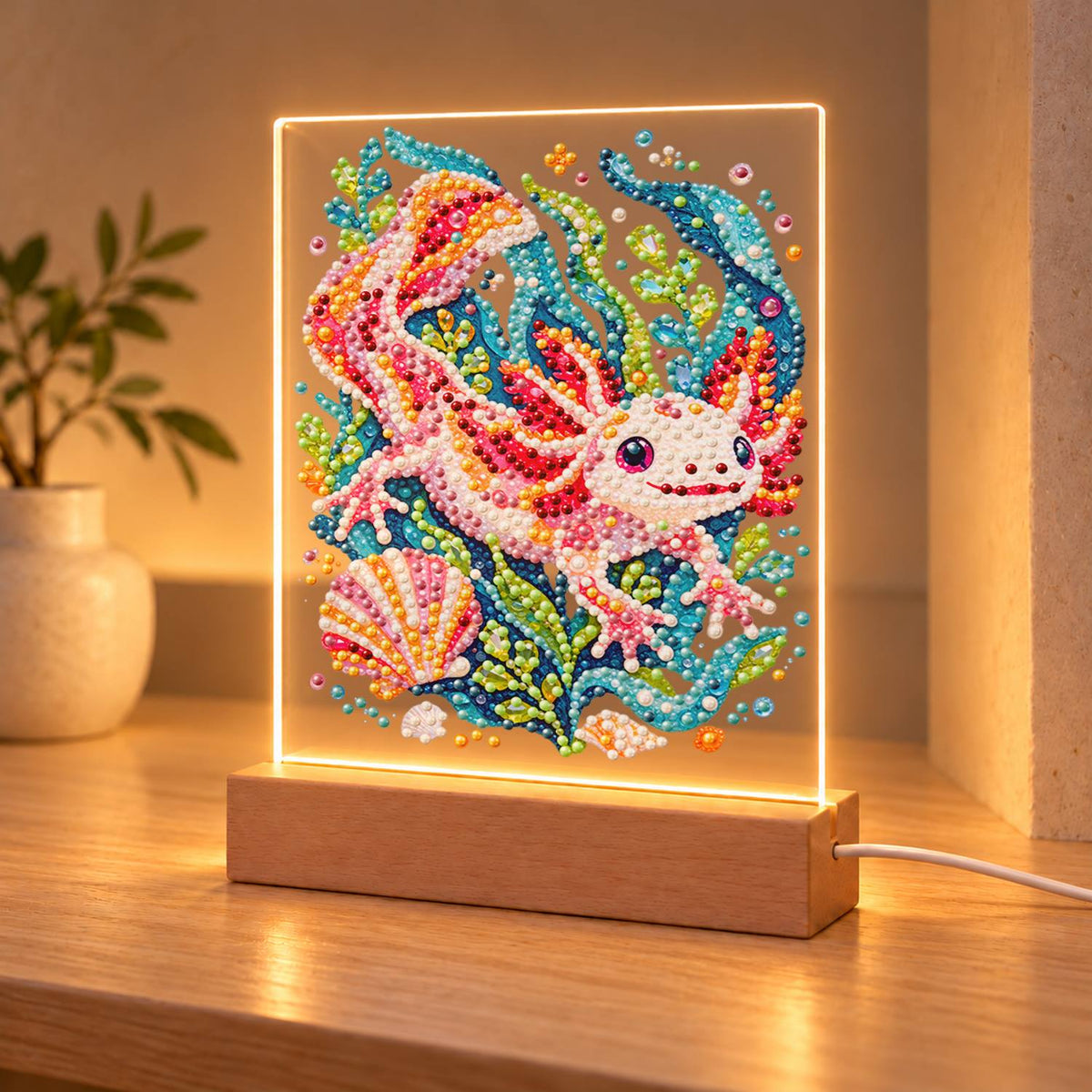 Pink Axolotl in Teal Seaweed (Light-Up Pearl Painting)