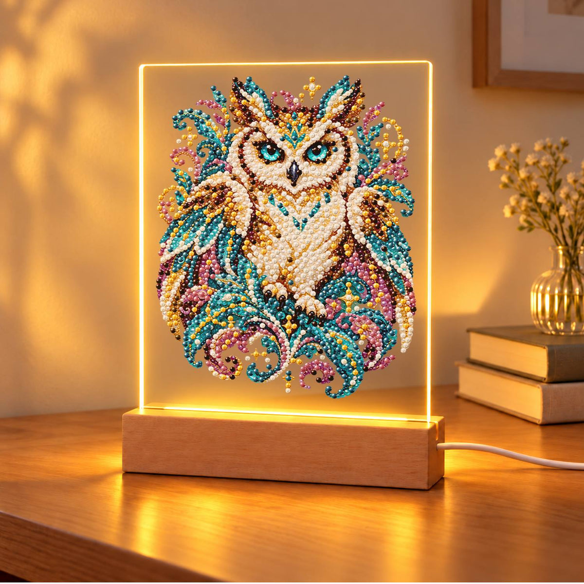 Teal-Eyed Owl in Ornate Plumes (Light-Up Pearl Painting)