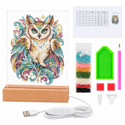Teal-Eyed Owl in Ornate Plumes (Light-Up Pearl Painting)