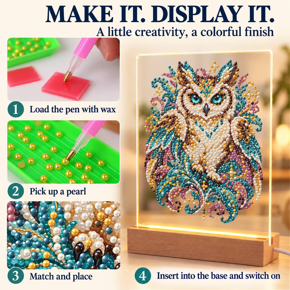 Teal-Eyed Owl in Ornate Plumes (Light-Up Pearl Painting)