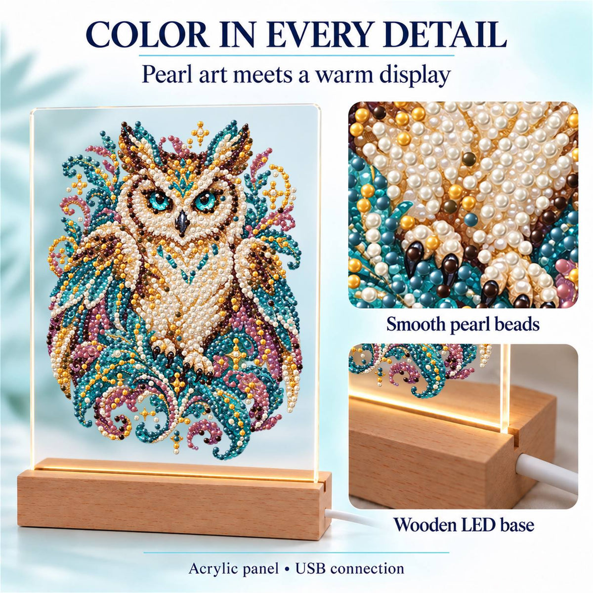 Teal-Eyed Owl in Ornate Plumes (Light-Up Pearl Painting)