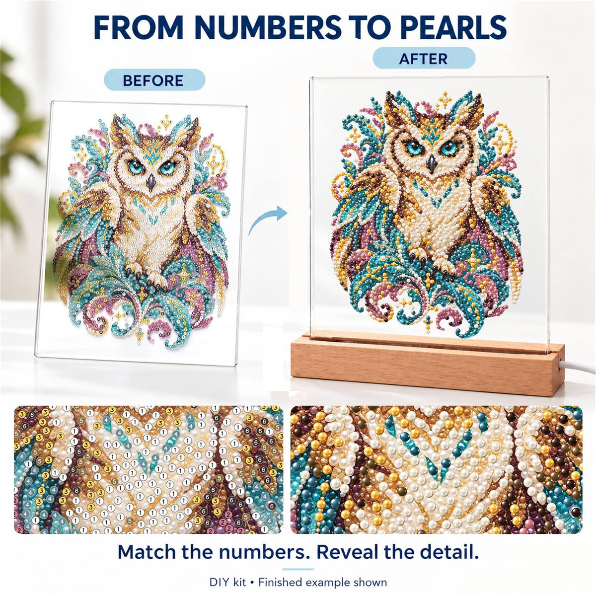 Teal-Eyed Owl in Ornate Plumes (Light-Up Pearl Painting)